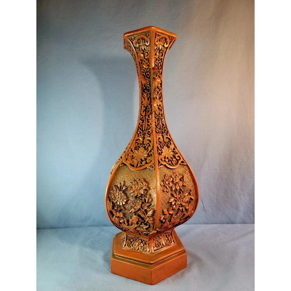 Red Carved Lacquerware Vase China Dynasty Flower Bottle 18.75''Tall Vessel